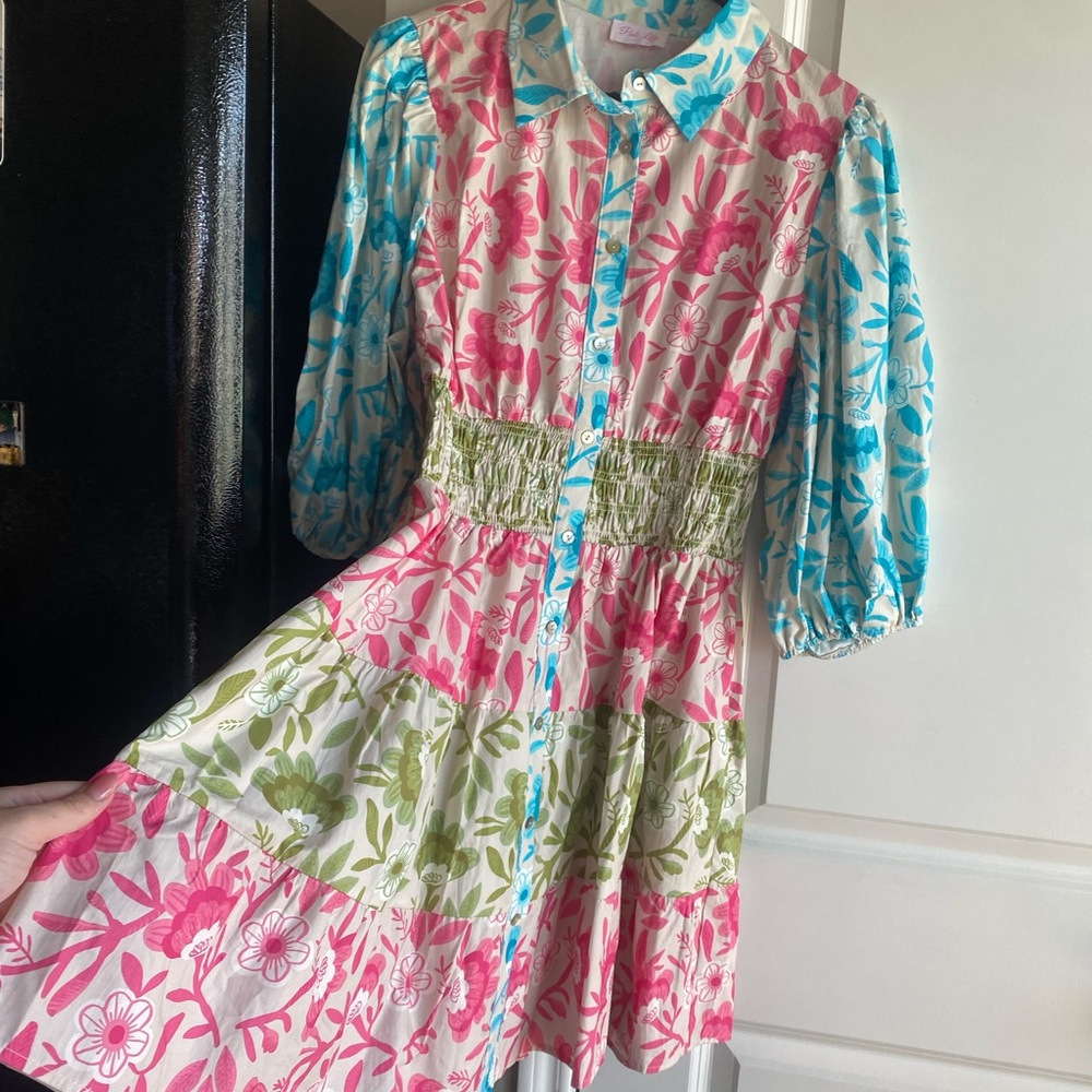 Pink Lily Pink and Blue Casual Sundress with Puff Sleeves